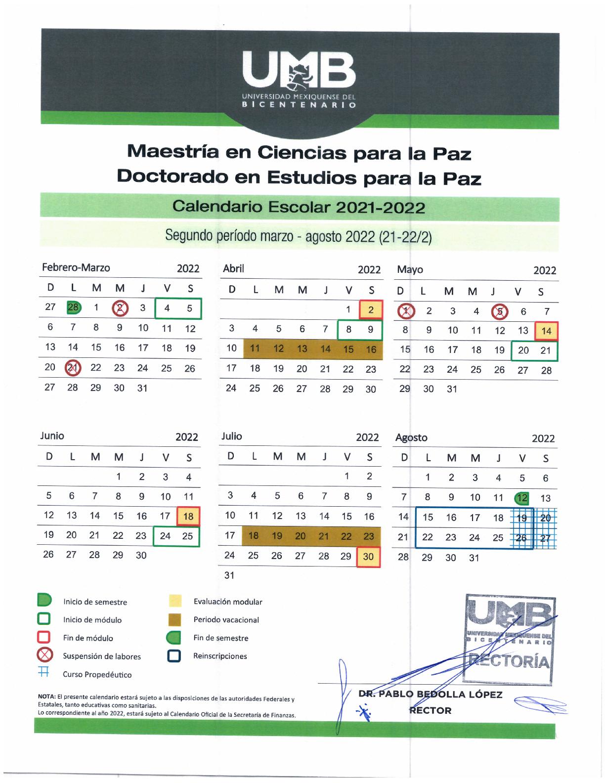 Calendario Escolar Universidad Mexiquense del Bicentenario